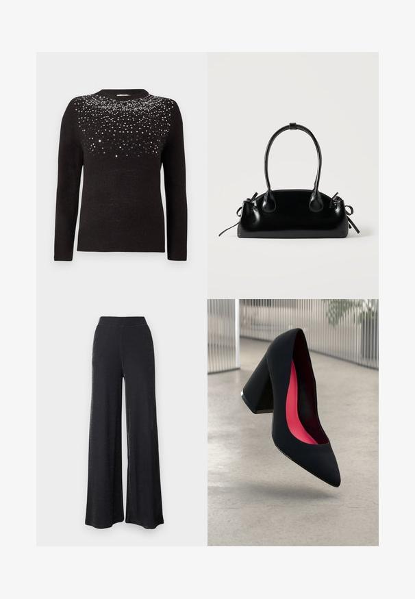 Pull noir à manches longues et col rond. Partie supérieure ornée d'un dégradé de sequins noirs et argentés. Texture douce.; Pantalons larges noirs en matériau doux et extensible avec un subtil éclat, dotés d'une taille élastique et d'une coupe décontractée.; Chaussure à talon haut noire avec un bout pointu et une tige texturée. Intérieur avec une doublure rose vif. Talon carré avec un accent métallique à la base.; Petit sac à main noir brillant avec deux longues anses et des détails à cordon sur les côtés sur un fond clair uni.