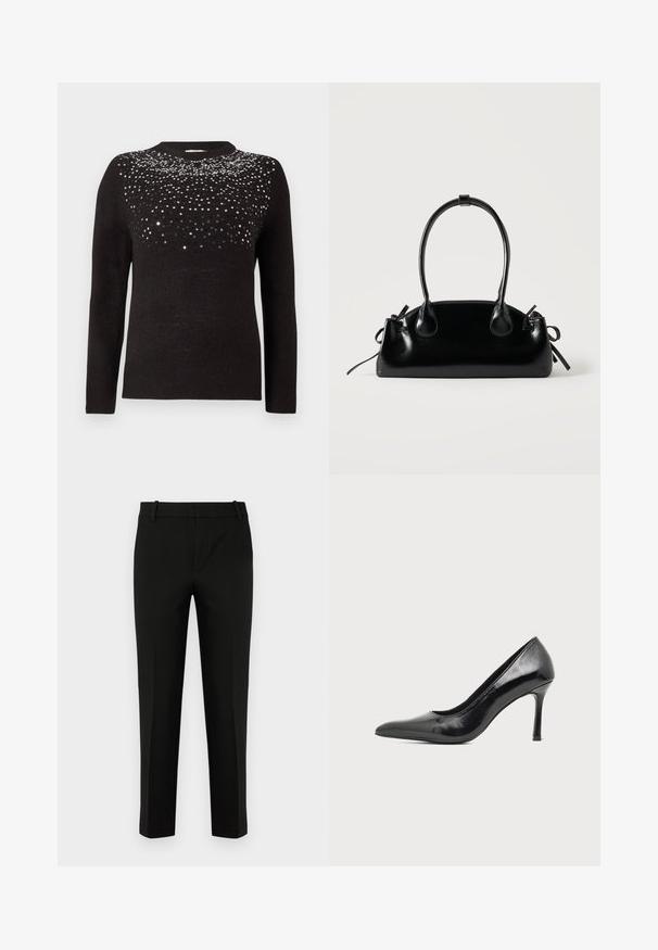 Schwarzer Pullover mit langen Ärmeln und Rundhalsausschnitt. Oberer Teil verziert mit einem Farbverlauf aus schwarzen und silbernen Pailletten. Weiche Textur.; Schwarze Hose in Slim-Fit, mit flacher Vorderseite, seitlichen Taschen und glatter Textur. Entworfen mit einer mittelhohen Taille und zulaufenden Beinen.; Schwarzer Damenspitzschuh aus Lackleder mit spitzer Zehenpartie und schlankem Absatz auf hellem, schlichter Hintergrund.; Kleine schwarze glänzende Handtasche mit zwei langen Griffen und seitlichen Kordelzug-Details vor einfachem hellem Hintergrund.