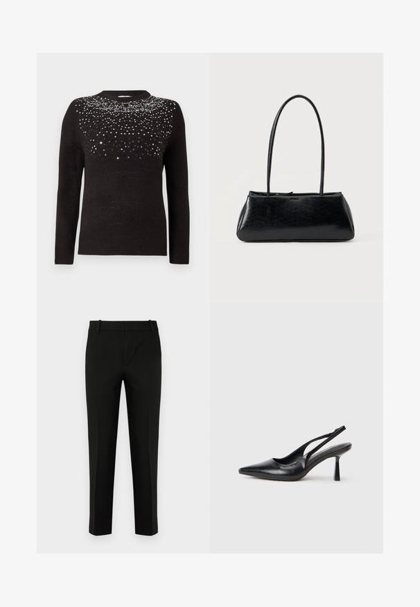 Sort sweater med lange ærmer og rund halsudskæring. Øverste del pyntet med en gradient af sorte og sølvfarvede pailetter. Blød tekstur.; Sort bukser med slim fit, der har flad front, sidelommer og en glat tekstur. Designet med mellemhøj talje og tapered ben.; Sort læderslagback højhælet sko med spids tå og slank hæl på en hvid baggrund.; Sort rektangulær skuldertaske med lange tynde stropper og en glat, blank tekstur på en ensfarvet baggrund.