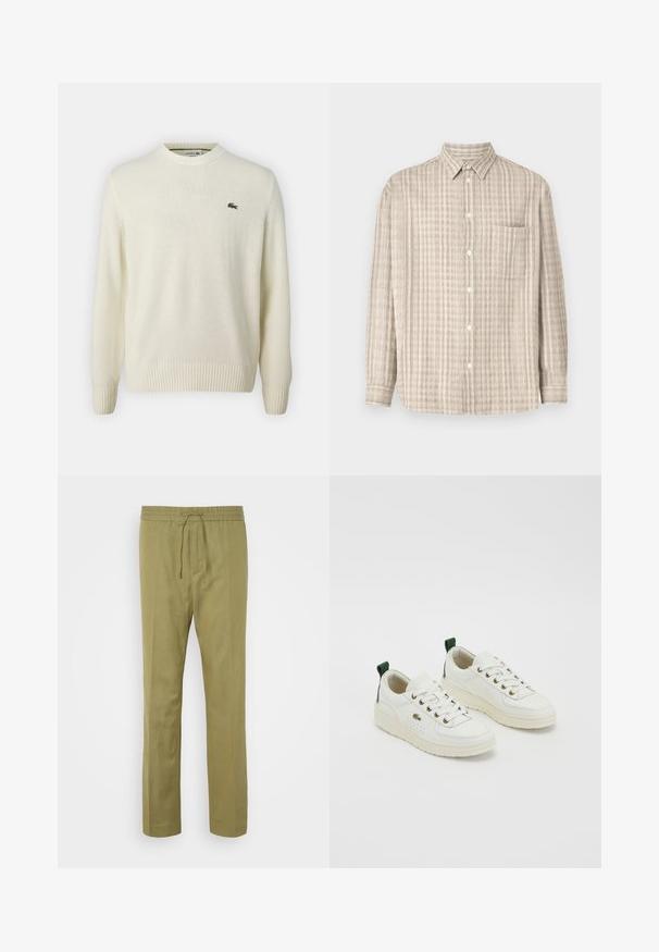 Cremfarbener Pullover aus weichem Strickmaterial, mit rundem Halsausschnitt, gerippten Bündchen und einem kleinen grünen Logo auf der Brust.; Hemd in hellbeige mit Karomuster, langen Ärmeln, einer Brusttasche und klassischem Kragen.; Helle olivgrüne Hose aus einem weichen, leichten Stoff. Mit einem elastischen Bund und Kordelzug sowie geraden Beinen.; Weiße Ledersneaker mit grünen Akzenten, Schnürdesign, goldenen Ösen und strukturierten Paneelen. Dicke cremefarbene Gummisohle.