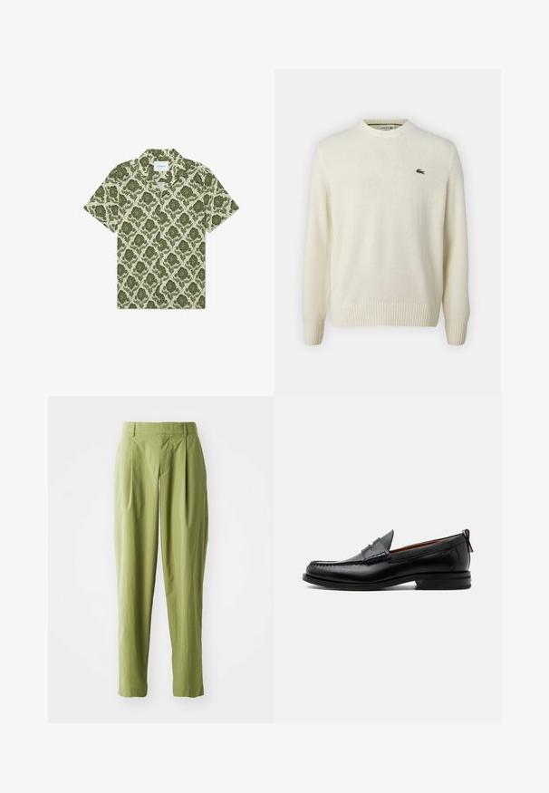 Suéter color crema de material de punto suave, con un cuello redondo, puños acanalados y un pequeño logo verde en el pecho.; Camisa de manga corta con un patrón floral verde sobre un fondo beige claro. Presenta un cuello y una etiqueta con la inscripción "Les Deux".; Pantalones verdes claros hechos de una tela texturizada, con una forma recta, pliegues en la parte frontal y una cinturilla estándar.; Mocasín de hombre de piel negra con costura moc toe, tira penny, cuello texturizado y tacón bajo apilado sobre fondo blanco.