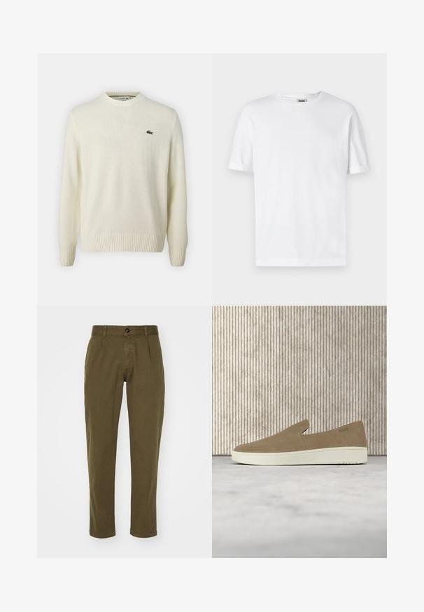 Pull crème en maille douce, avec un col rond, des poignets côtelés et un petit logo vert sur la poitrine.; T-shirt en coton blanc avec un col rond, des manches courtes et des revers roulés ; design sobre, texture douce et coupe droite.; Pantalons en coton vert olive avec une coupe droite, dotés d'une fermeture à bouton à l'avant, de passants de ceinture et de poches latérales. Texture lisse.; Chaussure beige sans lacets avec semelle blanche, présentée en suspension sur un tapis clair avec un mobilier transparent de couleur ambre en arrière-plan.