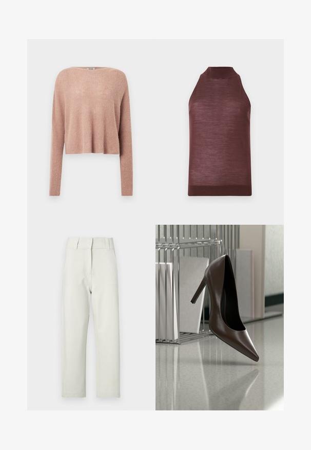 Pull court rose clair en texture côtelée douce, avec manches longues et encolure large. Design simple et minimaliste.; Top tricoté marron sans manches avec col haut et ourlet côtelé, présenté sur un fond clair uni.; Pantalon beige clair à jambes droites avec une texture lisse, doté d'une ceinture plate, de passants pour ceinture et de deux poches avant.; Chaussure en cuir marron foncé à talon haut flottant au-dessus d'un sol réfléchissant près d'une étagère métallique avec des panneaux blancs dans une pièce.