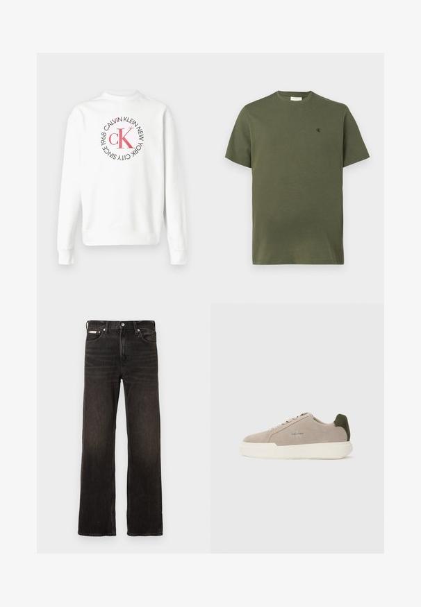Weißes Sweatshirt mit langen Ärmeln, rundem Kragen und rotem CK-Logo, umgeben von schwarzem Text mit der Aufschrift "Calvin Klein New York City Seit 1968" auf der Vorderseite.; Ein einfarbig olivgrünes T-Shirt mit kurzen Ärmeln und Rundhalsausschnitt, mit kleinem schwarzen "cK"-Logo auf der linken Brust.; Schwarze Jeans aus Denim mit geradem Bein, verblasstem Finish, fünf Taschen und Metallknopfverschluss. Mit leichten Waschungen.; Beige Wildledersneaker mit einer weißen Gummisohle, die einen dunkelgrünen Akzent an der Ferse und dezente Markenaufschrift an der Seite aufweisen.