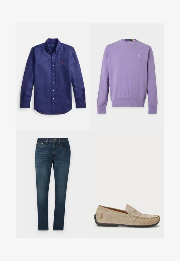 Lavendelse tooniga pika varrukaga ümar kaelusega dressipluus väike valge Polo Ralph Laureni logo vasakul rinnal ning soonikkoes ääred varrukatel ja all.; Sinine linane pika varrukaga särk nööbitava krae, eesmiselt lukuva ja vasakul rinnal väikese punase tikandiga logoga.; Tumesinised kitsad teksapüksid, kerge pleekimisega, esikotid, vöökohal aasad ja nööpklõpsuga, taust on ühtlane.; Bež sueded loafers, mille õmblustega detailide, lame kummitald ja väike logo küljel. Klassikaline libisev disain, pehme tekstuur.