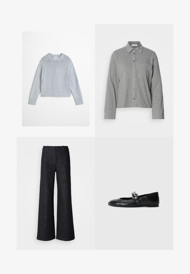 Pull en laine gris clair tricoté avec manches longues et encolure ronde côtelée ainsi que des poignets, présenté sur fond blanc.; Chemise grise à boutons en tissu doux, avec un col, des manches longues, une poche poitrine et un poignet boutonné avec un détail de logo.; Pantalon en denim noir à jambes larges avec une finition texturée, doté de passants pour ceinture et d'un ourlet net. Design classique, adapté à diverses occasions.; Ballerines en cuir noir avec un bout pointu, dotées d'une sangle avec une boucle métallique circulaire et d'une semelle plate.