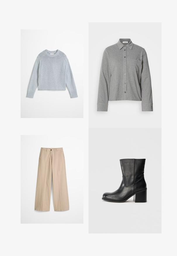 Pull en laine gris clair tricoté avec manches longues et encolure ronde côtelée ainsi que des poignets, présenté sur fond blanc.; Chemise grise à boutons en tissu doux, avec un col, des manches longues, une poche poitrine et un poignet boutonné avec un détail de logo.; Pantalon beige à jambes larges avec pli frontal, passants pour ceinture, fermeture par bouton et une petite étiquette en tissu sur le côté droit de la ceinture.; Bottine en cuir noir à bout rond, détails de coutures latérales et talon bloc épais. Texture lisse et design minimaliste.