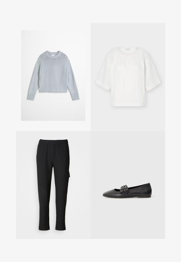 Suéter de lana tejido de color gris claro con mangas largas y cuello redondo y puños acanalados, presentado sobre fondo blanco.; Blusa blanca de corte holgado con escote redondo, tela fruncida en el cuello y mangas anchas hasta el codo con detalle de costura horizontal.; Pantalones negros a rayas con un cinturón elástico y diseño de pierna recta. Presenta un bolsillo lateral con tapa, hecho de una tela suave.; Zapato plano negro con punta afilada, hecho de cuero suave. Presenta tres correas decorativas con hebillas a lo largo del empeine.