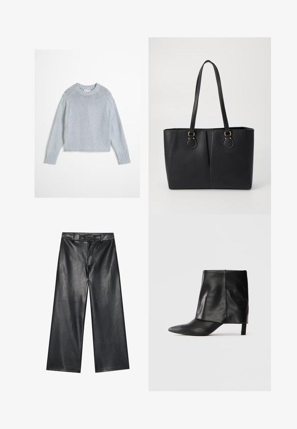 Pull en laine gris clair tricoté avec manches longues et encolure ronde côtelée ainsi que des poignets, présenté sur fond blanc.; Pantalons en cuir noir largement coupés avec une texture lisse, des passants de ceinture et une fermeture éclair à l'avant. Présente un ajustement lâche et des détails de couture soignés.; Botte noire en cuir mi-mollet avec bout pointu, tige supérieure repliée et petit talon élancé, se tenant sur fond blanc.; Sac fourre-tout noir en simili cuir avec une finition texturée, deux longues poignées et des accents en métal doré sur le côté. Shape rectangulaire.