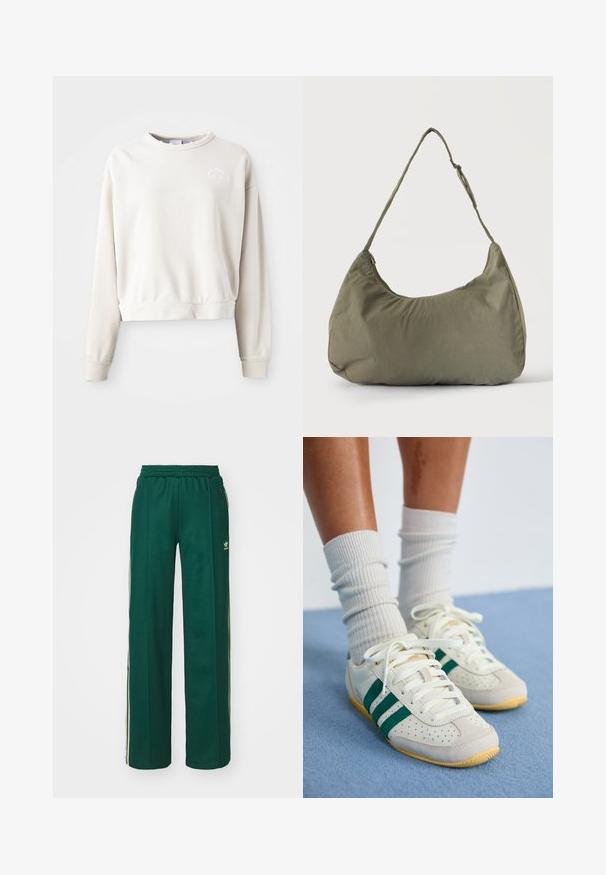 Cremefarvet cropped sweatshirt lavet af blødt stof, med rund halsudskæring, lange ærmer og et broderet logo på brystet.; Mørkegrønne træningsbukser med en afslappet pasform, der har snor i taljen, sidelommer og cremefarvede striber langs siderne.; Fødder iført hvide sneakers med grønne striber og hvide ribstrikkede sokker, der står på et lyseblåt tæppe.; Skuldertaske i blødt olivengrønt stof med lynlås og justerbar rem på ensfarvet, lyst baggrund.