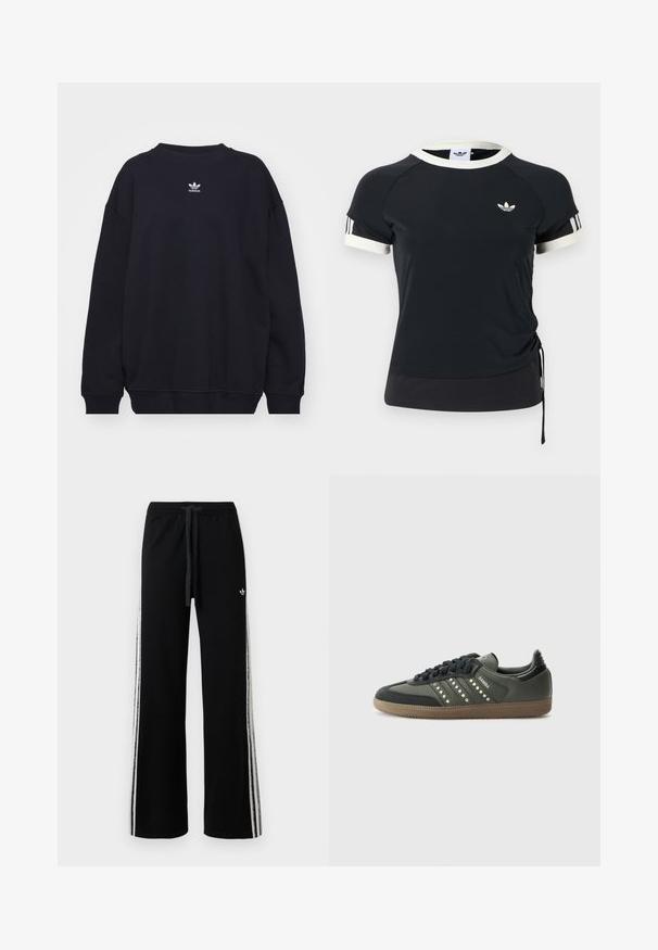 Zwarte sweatshirt gemaakt van een katoenmix, met een geribbelde ronde hals en manchetten, en een klein wit Adidas-logo centraal op de borst.; Zwart atletisch topje met witte kraag en mouwen, voorzien van een logo op de borst en een zijdelings aantrekkoord voor een verstelbare pasvorm.; Zwarte sweatpants met brede pijpen, witte zijstrepen, elastische tailleband, trekkoord en klein wit trefoil-logo op de dij.; adidas Originals SAMBA OG - Sneakers laag - core black/legend earth/gum
