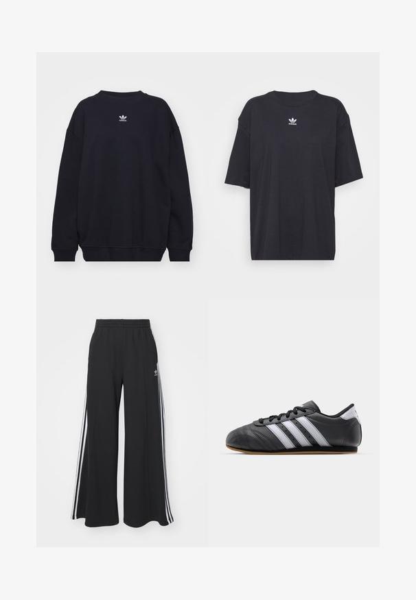 Zwarte sweatshirt gemaakt van een katoenmix, met een geribbelde ronde hals en manchetten, en een klein wit Adidas-logo centraal op de borst.; Zwarte katoenen T-shirt met korte mouwen, ronde halslijn, voorzien van een wit Adidas-logo op de borst. Eenvoudig ontwerp, comfortabele pasvorm.; Zwarte broek met wijde pijpen en een elastische tailleband, met drie witte strepen langs de buitenkant en een klein logo aan de voorkant.; Zwarte leren sportschoen met witte strepen, ronde neus, platte zool en vetersluiting. Bevat perforaties voor ademend vermogen.