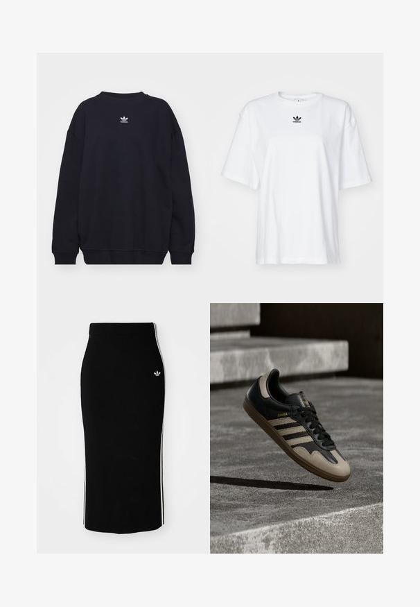 Sudadera negra de mezcla de algodón, con cuello redondo acanalado y puños, y un pequeño logo blanco de Adidas ubicado en el centro del pecho.; Camiseta blanca de manga corta hecha de algodón. Cuenta con un cuello redondo y un pequeño logo negro de Adidas en el pecho. Dobladillo recto.; Falda midi negra con diseño ajustado, que presenta franjas laterales blancas y un pequeño emblema blanco en el lado izquierdo.; Zapatilla de cuero negra y beige con tres rayas blancas, suela de goma beige y detalles dorados "Samba" en el lateral.