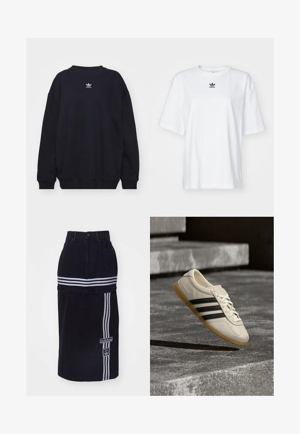 Zwarte sweatshirt gemaakt van een katoenmix, met een geribbelde ronde hals en manchetten, en een klein wit Adidas-logo centraal op de borst.; Witte korte mouwen t-shirt van katoen. Voorzien van een ronde hals en een klein zwart Adidas-logo op de borst. Rechthoekige zoom.; Zwarte spijkerrok met een hoge taille, voorzien van twee witte horizontale strepen, een Adidas logo tag aan de zijkant en een recht gesneden ontwerp.; Witte sneaker met zwarte strepen en rubberen zool zwevend boven betonnen trap in zacht daglicht.