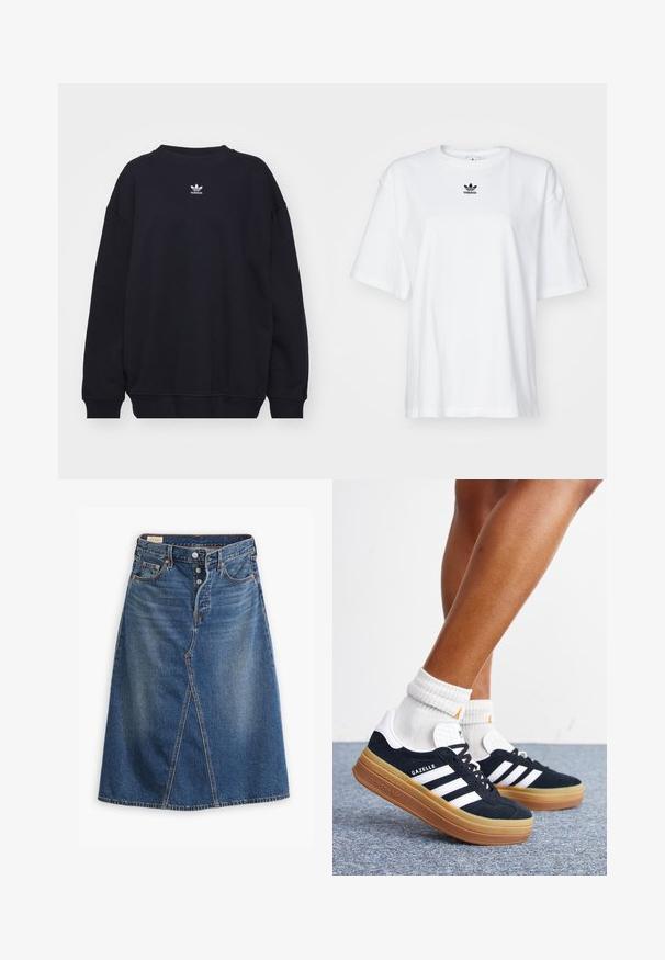 Sort sweatshirt lavet af en bomuldsblanding, med ribbet rund hals og manchetter, og et lille hvidt Adidas-logo centralt placeret på brystet.; Hvid kortærmet t-shirt lavet af bomuld. Har en rund halsudskæring og et lille sort Adidas-logo på brystet. Lige skåret kant.; Denimnederdel i medium vask blå med A-linjeform, frontslids, fem lommer og knaplukning i taljen.; Ben iført hvide sokker og sorte Adidas Gazelle sneakers med hvide striber og tykke brune såler på et gråt tæppe.