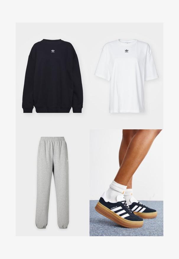Sweat-shirt noir en mélange de coton, avec un col rond et des poignets côtelés, arborant un petit logo Adidas blanc situé au centre de la poitrine.; T-shirt blanc à manches courtes en coton. Avec un col rond et un petit logo Adidas noir sur la poitrine. Ourlet droit.; Pantalon de survêtement gris clair avec taille et poignets élastiques, poches latérales et petit logo blanc sur la partie supérieure de la cuisse.; Jambes portant des chaussettes blanches et des baskets Adidas Gazelle noires avec des bandes blanches et des semelles épaisses marron sur un sol recouvert de moquette grise.