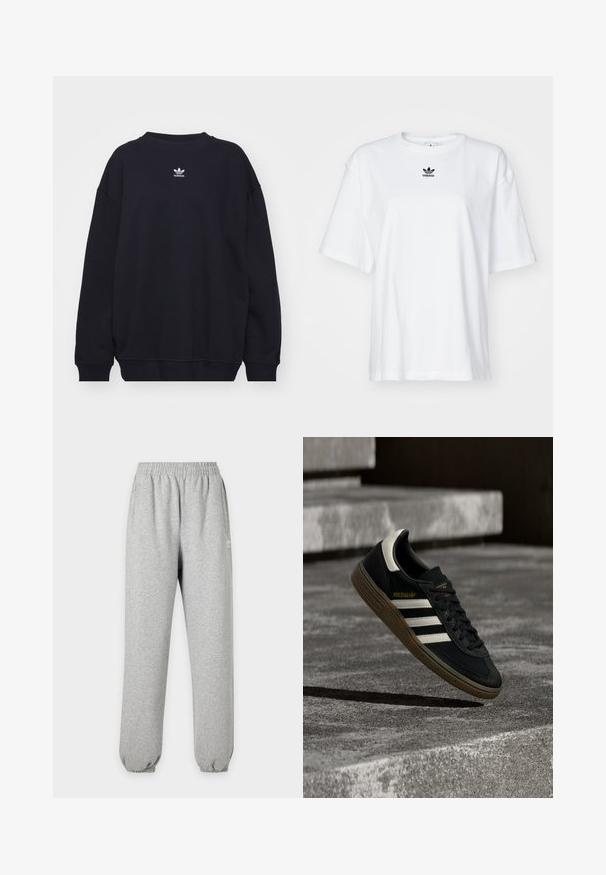 Sweat-shirt noir en mélange de coton, avec un col rond et des poignets côtelés, arborant un petit logo Adidas blanc situé au centre de la poitrine.; T-shirt blanc à manches courtes en coton. Avec un col rond et un petit logo Adidas noir sur la poitrine. Ourlet droit.; Pantalon de survêtement gris clair avec taille et poignets élastiques, poches latérales et petit logo blanc sur la partie supérieure de la cuisse.; Baskets Adidas noires avec des bandes blanches et une semelle en gomme flottant au-dessus d'escaliers en béton gris sous une lumière naturelle.
