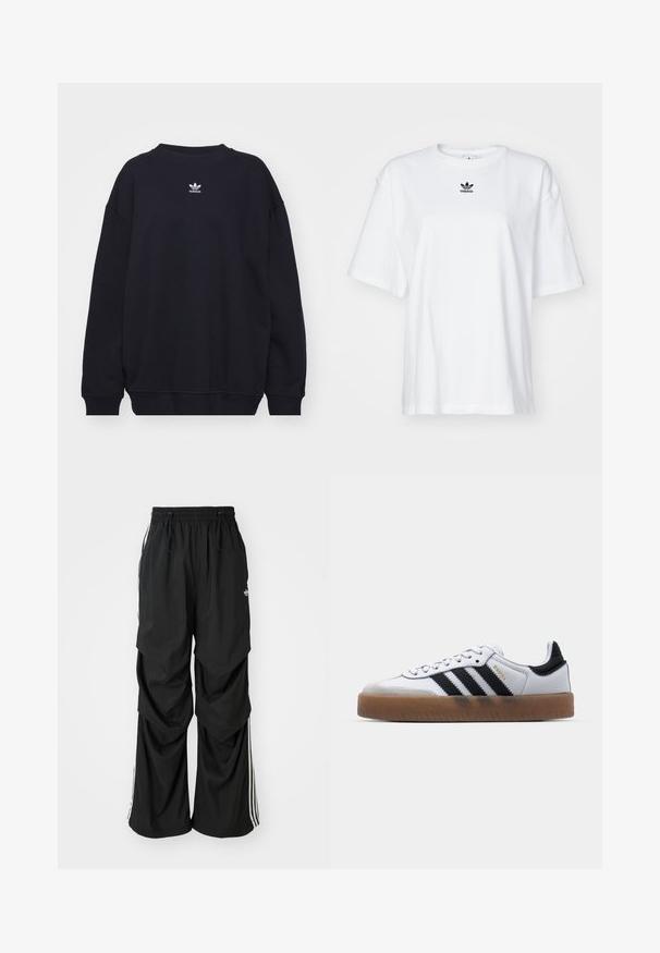 Sort sweatshirt lavet af en bomuldsblanding, med ribbet rund hals og manchetter, og et lille hvidt Adidas-logo centralt placeret på brystet.; Hvid kortærmet t-shirt lavet af bomuld. Har en rund halsudskæring og et lille sort Adidas-logo på brystet. Lige skåret kant.; Sorte løstsiddende bukser med elastisk talje, snøre og hvide sidestriber; lavet af letvægtsstof med en glat tekstur.; Hvide lædersneakers med sorte striber, gummirubber sål, rund tå, snørelukning og blød grå ruskinds tåhætte.