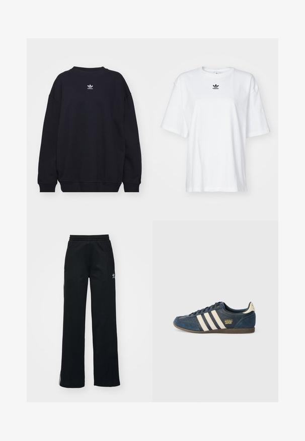 Sweat-shirt noir en mélange de coton, avec un col rond et des poignets côtelés, arborant un petit logo Adidas blanc situé au centre de la poitrine.; T-shirt blanc à manches courtes en coton. Avec un col rond et un petit logo Adidas noir sur la poitrine. Ourlet droit.; Pantalons de sport noirs avec une coupe décontractée, taille à cordon, poches zippées sur les côtés, et une discrète marque blanche sur la jambe gauche.; Baskets en suède bleu marine avec des rayures crème, zone des orteils texturée, logo doré "adidas JAPAN" et semelle en caoutchouc marron. Design classique à tige basse.