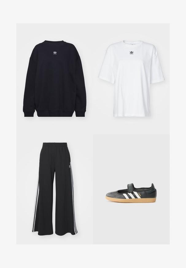 Sort sweatshirt lavet af en bomuldsblanding, med ribbet rund hals og manchetter, og et lille hvidt Adidas-logo centralt placeret på brystet.; Hvid kortærmet t-shirt lavet af bomuld. Har en rund halsudskæring og et lille sort Adidas-logo på brystet. Lige skåret kant.; Sorte bukser med vide ben og elastik i taljen, med tre hvide striber langs ydersiderne og et lille logo foran.; Sort læder- og ruskinds sneakers med en Velcro-rem, der har tre hvide striber og en gummisål, mærket "SAMBA" på siden.