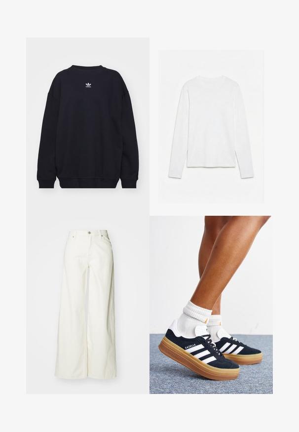 Čierna mikina vyrobená z bavlneného zmesi, s rebrovaným okrajom krku a manžetami, so malým bielym logom Adidas umiestneným centrálně na hrudi.; Jednoduché biele tričko s dlhým rukávom a okrúhlym výstrihom, položené priamo na bielom povrchu, zobrazujúce prednú časť a celú dĺžku rukávov.; Biele nohavice s širokými nohavicami vyrobené z denimu. Majú vysoký pás, predné zapínanie na gombík a klasický dizajn s piatimi vreckami. Hladká textúra, bez vzorov.; Nohy v bielych ponožkách a čiernych teniskách Adidas Gazelle s bielymi pruhmi a hrubými hnedými podrážkami na sivom koberci.