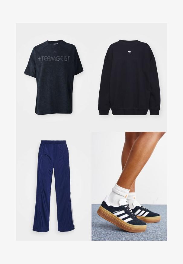 Sort sweatshirt lavet af en bomuldsblanding, med ribbet rund hals og manchetter, og et lille hvidt Adidas-logo centralt placeret på brystet.; Sort kortærmet t-shirt lavet af blødt stof, med et tekstureret mønster og udsmykket med rhinsten, der staver "+TEAMGEIST."; Marineblå træningsbukser med elastisk talje, lige ben og sidelommer med lynlås. Har hvid piping langs siderne. Glat stofstruktur.; Ben iført hvide sokker og sorte Adidas Gazelle sneakers med hvide striber og tykke brune såler på et gråt tæppe.