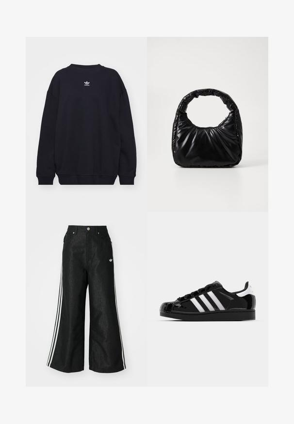 Sudadera negra de mezcla de algodón, con cuello redondo acanalado y puños, y un pequeño logo blanco de Adidas ubicado en el centro del pecho.; Pantalones de denim anchos y negros con tres franjas blancas en cada lado y un pequeño logo blanco. Cuenta con bolsillos frontales y un cierre de botón.; adidas Originals SUPERSTAR II - Zapatillas - core black/footwear white/gold metallic; Bolso negro acolchado con un asa redondeada, que presenta una superficie lisa y brillante y una textura suave y acolchada. Sin herrajes ni acentos visibles.