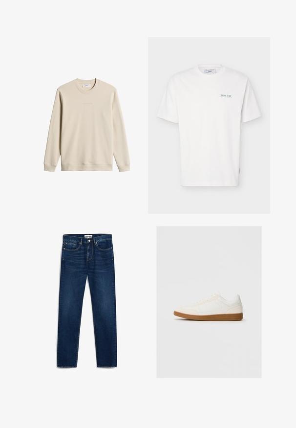 Beiges Sweatshirt mit langen Ärmeln und Rundhalsausschnitt, mit gerippten Bündchen und Saum, dezentem Textbranding auf der Brust und einem Stoffetikett im Kragen.; Weißes T-Shirt mit kurzen Ärmeln und rundem Ausschnitt, mit kleinem grünen Text „JUICE IT UP Marc O'Polo Denim“ auf der linken Brustseite.; Dunkelblaue Jeans aus Denim mit geradem Schnitt, fünf Taschen und Kontrastnähten. Mit Knopfverschluss und Reißverschluss.; Weißer Sneaker mit einer Wildleder-Zehenkappe, glattem Synthetik-Obermaterial und einer sandfarbenen Gummisohle. Verfügt über Perforationen an den Seiten für Atmungsaktivität.