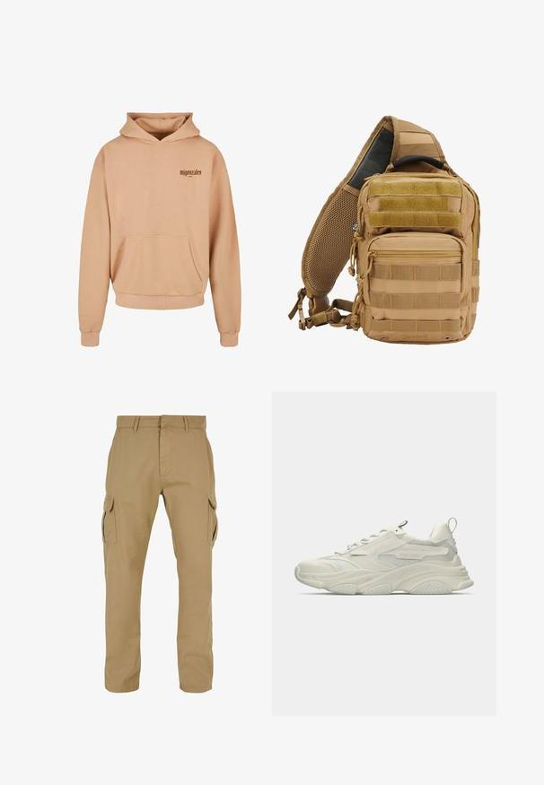 Sweat-shirt à capuche beige avec une poche avant, des poignets et un ourlet côtelés, arborant un logo en texte marron foncé sur la poitrine gauche. Texture de tissu douce.; Pantalons cargo beiges avec deux poches latérales, conception à jambe droite, fabriqués en tissu durable, avec des détails de couture et des passants de ceinture.; Baskets blanches épaisses avec accents en mesh, semelle en caoutchouc texturée et forme arrondie. Présente un marquage minimal et une languette de tirage à l'arrière.; Sac à dos tactique beige avec plusieurs poches, sangles en toile, dos en maille rembourré, fermetures éclair et coutures renforcées pour plus de durabilité.