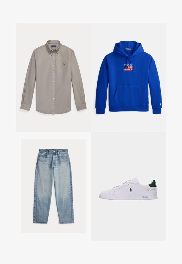 Blauwe katoenen hoodie met een voorzak, capuchon met trekkoorden en het geborduurde "POLO"-logo boven een vlagontwerp op de borst.; Lichtgrijs overhemd met lange mouwen, knopen, kraag en blauw Polo Ralph Lauren geborduurd logo op de linkerborst.; Lichtblauwe spijkerbroek met een ontspannen pasvorm. Voorzien van een hoge taille, vijf zakken en zichtbare stiksels. Het oppervlak is lichtjes getextureerd.; Witte lage sneaker met groene hieltab, geborduurd Polo-paardenlogo aan de zijkant, "Polo"-tekst op de zool en gouden "Ralph Lauren" handtekening op het bovendeel.