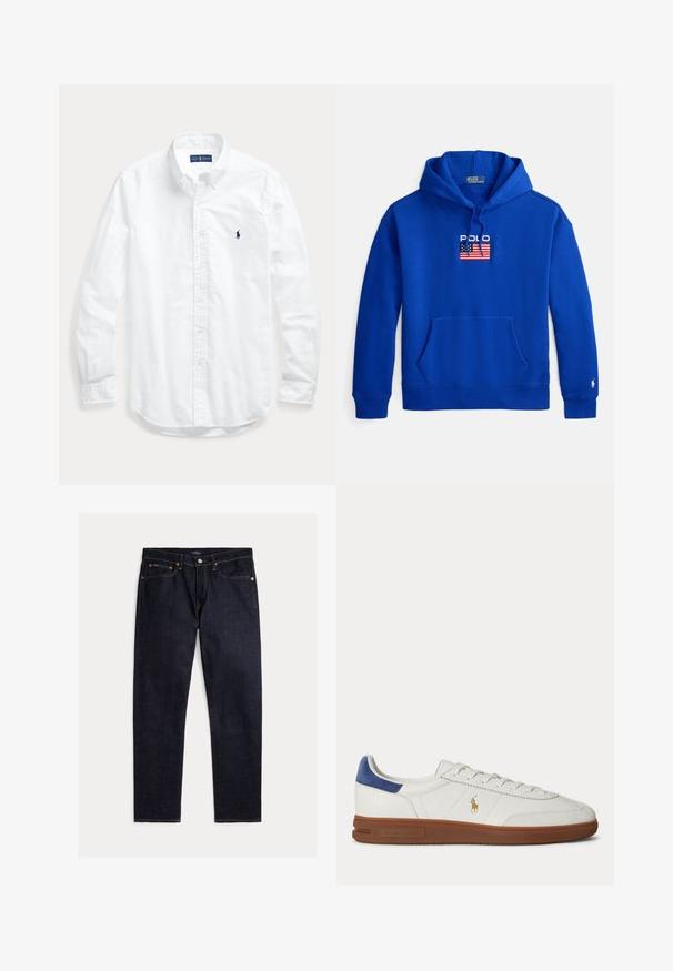 Blauer Baumwoll-Hoodie mit einer vorderen Taschenöffnung, Kordelzugkapuze und dem bestickten "POLO"-Logo über einem Flaggenmotiv auf der Brust.; Weißes Hemd mit langen Ärmeln, Knopfleiste und Kragen, mit kleinem dunklem Logo auf der linken Brust, flach auf einem hellen Hintergrund liegend.; Dunkel indigoblaue Jeans mit geradem Bein, fünf Taschen, Knopf- und Reißverschluss und kontrastierenden orangen Nähten auf einfarbigem Hintergrund.; Weißer Low-Top Sneaker mit brauner Sohle, blauem Fersenlasche, Schnürsenkeln und goldenem Polo Ralph Lauren Logo an der Seite.