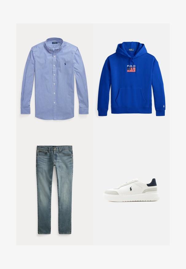 Sweat à capuche en coton bleu avec poche kangourou frontale, capuche à cordon de serrage et logo brodé "POLO" au-dessus d'un motif de drapeau sur la poitrine.; Chemise à manches longues rayée verticale bleu et blanc, à boutons, col boutonné, avec le logo Polo Ralph Lauren sur la poitrine.; Jean en denim bleu à coupe droite avec poches avant, passants de ceinture et fermeture par bouton.; Baskets basses blanches avec languette de talon noire, accents en daim gris, semelle épaisse et logo Polo noir sur le côté extérieur.