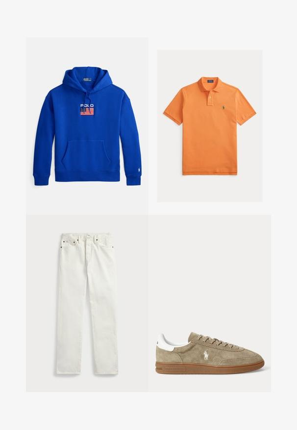 Blauer Baumwoll-Hoodie mit einer vorderen Taschenöffnung, Kordelzugkapuze und dem bestickten "POLO"-Logo über einem Flaggenmotiv auf der Brust.; Orangenes Poloshirt aus Baumwolle mit klassischem Kragen, Zwei-Knopf-Leiste, kurzen Ärmeln und kleinem grünem Logo auf der Brust.; Weiße Denim-Jeans mit geradem Schnitt, ausgestattet mit fünf Taschen, Metallknöpfen und Ziernähten entlang der Nähte. Glatte Textur.; Beiger Wildleder-Sneaker in niedrigem Schnitt mit brauner Sohle, weißem Fersendetail, Schnürsenkeln und weißem, seitlich gesticktem Polo-Spieler-Logo.
