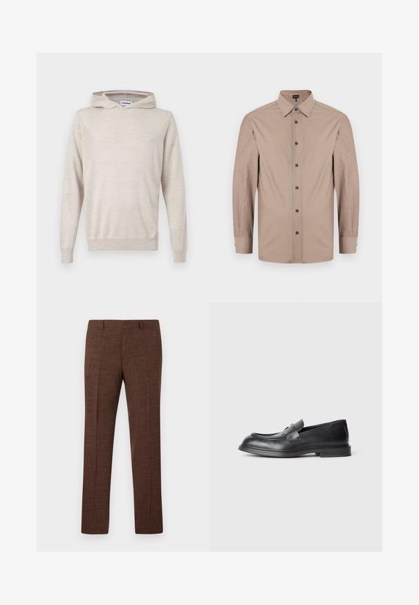 Sweat à capuche beige clair à manches longues avec poignets et ourlet côtelés, texture en maille unie, présenté sur un fond blanc.; Chemise homme à manches longues à boutons beige avec col classique et boutons foncés, présentée à plat sur fond blanc.; Pantalon de costume marron avec passants pour ceinture et coupe droite, présenté sur un fond blanc.; Mocassins en cuir noir avec une finition texturée, dotés d'une bride décorative à l'avant et d'un bout arrondi. Semelle en caoutchouc pour plus de durabilité.