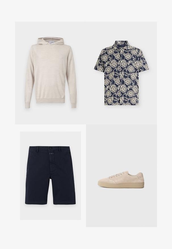 Sweat à capuche beige clair à manches longues avec poignets et ourlet côtelés, texture en maille unie, présenté sur un fond blanc.; Chemise bleu marine à manches courtes avec boutons, motif floral et feuillage blanc, col ouvert.; Short bleu marine longueur genou avec fermeture par bouton, passants de ceinture et poches avant, posé à plat sur fond blanc.; Baskets en daim beige avec un bout rond, des lacets plats et une semelle en caoutchouc texturé. Design minimaliste avec des bords lisses et des coutures discrètes.