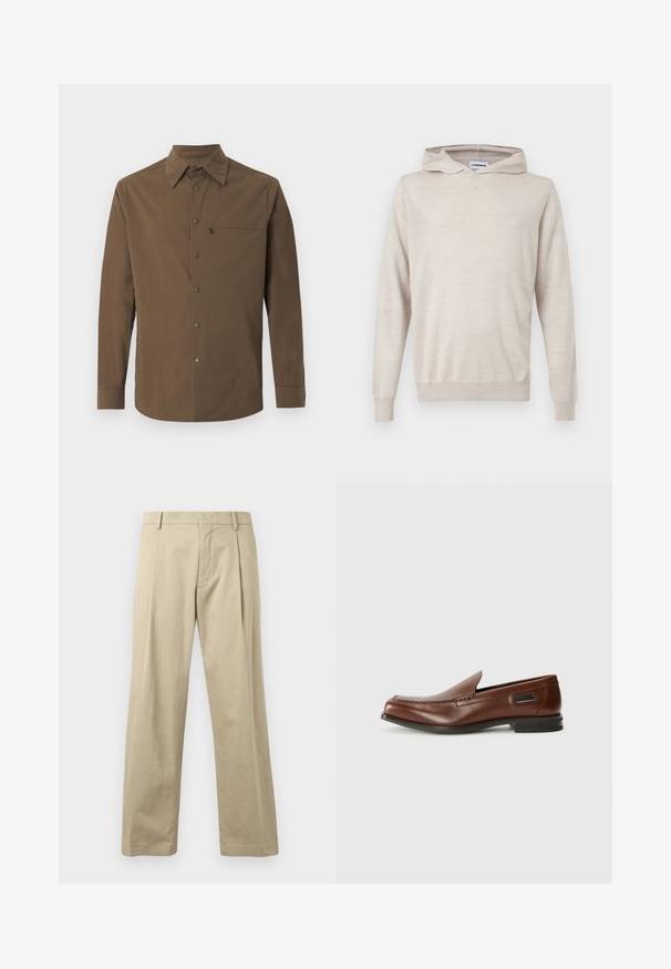 Sweat à capuche beige clair à manches longues avec poignets et ourlet côtelés, texture en maille unie, présenté sur un fond blanc.; Chemise marron à manches longues avec un col classique, des boutons-pression sur le devant, et une poche poitrine zippée sur le côté gauche.; Pantalon beige en coton, avec une coupe droite, des plis à l'avant et une fermeture de taille traditionnelle. Texture lisse, détails minimaux.; Stuart Weitzman BURT - Chaussons - auburn