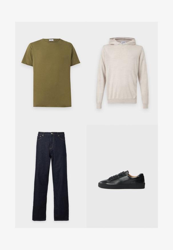 Light beige long-sleeve pullover hoodie with ribbed cuffs and hem, plain knit texture, displayed on a white background.; Plain olive green short-sleeve cotton T-shirt with round neckline and visible white brand label inside collar.; Dark blue straight-leg denim jeans with front button and zipper closure, belt loops, and visible stitching details on pockets and seams.; Black leather sneaker with a smooth texture, round toe, and lace-up closure. Features a thick rubber sole and minimal branding detail.