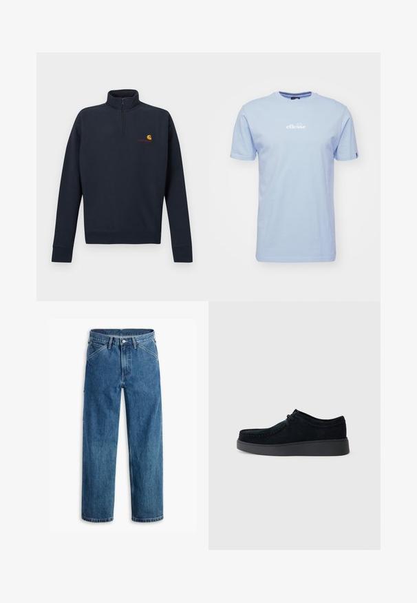 Marineblauwe fleece trui met een halve rits bij de kraag, voorzien van een klein geel-rood logo op de borst en geribbelde manchetten aan de mouwen.; Lichtblauw katoenen t-shirt met korte mouwen, voorzien van een witte "ellesse" logo gedrukt op de borst en een ronde hals.; Blauwe denim jeans met rechte pijpen, voorzakken, riemlussen, metalen knoop en rits aan de voorkant, op een witte achtergrond.; Zwarte suède schoen met een laag profiel, ronde neus, subtiele stiksels en een rubberen zool. Heeft een vetersluiting en een minimalistisch ontwerp.