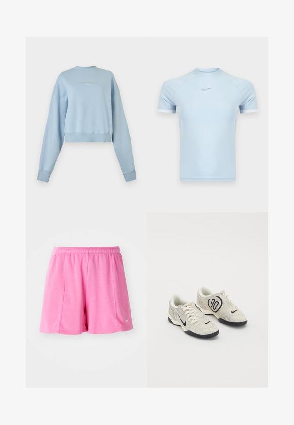 Svetlomodrá krátka mikina s dlhými rukávmi a malým logom Nike Swoosh umiestneným v strede na hrudi.; Svetlomodrý atletický top s krátkym rukávom vyrobený z hladkej látky. Má okrúhly výstrih a nenápadné logo Nike na hrudi s bielymi akcentmi.; Ružové športové šortky vyrobené z mäkkého materiálu, s elastickým pásom a bočným logom. Rovno strihaný dizajn s hladkou textúrou.; Nike tenisky s béžovým a šedým štruktúrovaným zvrškom, čiernymi akcentmi, veľkým logom "90" a bielym šnurovaním. Čierna podrážka.