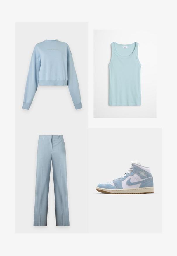 Vaaleansininen lyhyt paita, pitkähihaisilla ja pienellä Nike Swoosh -logolla rinnassa keskellä.; Vaaleansininen resorineuloksinen toppi pyöreällä pääntiellä, hihaton malli, ja Marc O'Polo Denim -merkkilappu kauluksen sisäpuolella.; Vaaleansiniset räätälöidyt housut, suorilla lahkeilla, vyölenkeillä ja piilotetulla etukiinnityksellä, valkoisella taustalla.; Jordan AIR JORDAN 1 MID SE - Korkeavartiset tennarit - white/worn blue/sail/light brown