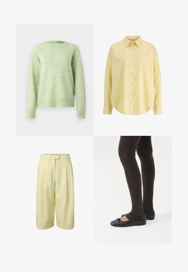 Pull vert clair en tissu doux et texturé ; présente un col rond, des manches longues et des bords côtelés pour un ajustement confortable.; Chemise jaune clair à manches longues avec boutons, poche poitrine unique, col classique et ourlet arrondi, présentée sur fond blanc.; Short large taille haute jaune clair avec passants de ceinture et fermeture avant dissimulée sur fond blanc uni.; Jambes portant des leggings côtelés foncés associés à des ballerines noires avec de petits détails en nœud sur fond blanc.