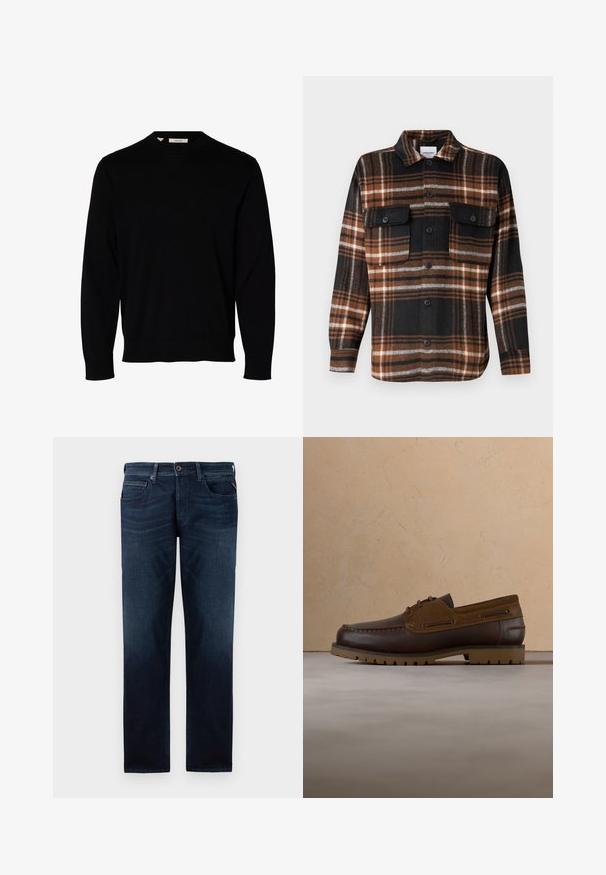 Schlichter schwarzer Pullover mit langen Ärmeln und Rundhalsausschnitt, mit gerippten Bündchen und Saum, auf weißem Hintergrund dargestellt.; Jack & Jones Over Relaxed Fit - Hemd - monks robe; Dunkelblaue Jeans aus Denim mit geradem Bein, fünf Taschenstil und sichtbarem Knopfverschluss an der Taille. Glatte Textur.; Brauner Leder- und Veloursleder-Schnürhalbschuh mit robuster Sohle, in der Luft über beigem Teppichboden und Sofahintergrund positioniert.