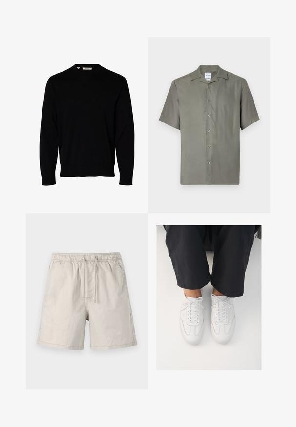 Schlichter schwarzer Pullover mit langen Ärmeln und Rundhalsausschnitt, mit gerippten Bündchen und Saum, auf weißem Hintergrund dargestellt.; Kurzärmliges Hemd aus gedämpftem olivgrünem Stoff. Verfügt über einen klassischen Kragen, sieben Frontknöpfe und eine lockere Passform. Glatte Textur.; Beige Shorts aus leichtem Stoff, mit elasticem Taillenbund, Zugband und Seitentaschen mit kontrastierender Naht.; Weiße Ledersneaker mit glatter Textur, runder Zehenform und klassischem Schnürsystem, platziert über dunklen, locker sitzenden Hosen.