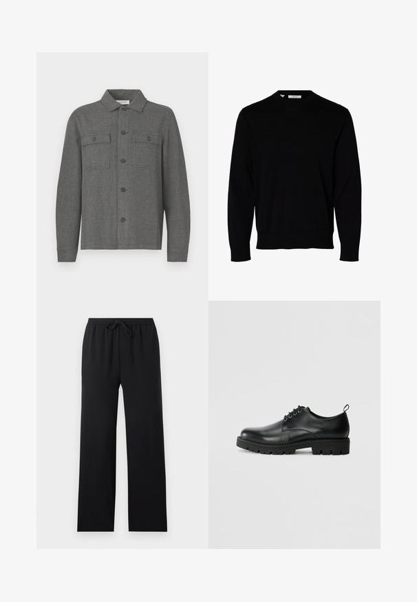 Pull noir uni à manches longues avec col rond, poignets et ourlet côtelés, présenté sur fond blanc.; Veste à carreaux gris avec col, fermeture à boutons sur le devant et deux poches poitrine. Fabriquée en tissu texturé, avec des manches longues et une coupe droite.; Pantalon noir ample avec taille élastique et cordon de serrage à l'avant, jambes droites, design sobre, présenté sur un fond neutre.; Chaussure en cuir noir à bout arrondi, présentant un design à lacets, une semelle en caoutchouc noire robuste et un petit onglet de talon à l'arrière.