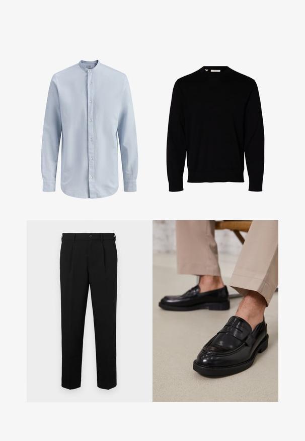 Pull noir uni à manches longues avec col rond, poignets et ourlet côtelés, présenté sur fond blanc.; Chemise pour homme à manches longues bleu clair avec col mandarin et boutons blancs sur le devant, présentant une texture subtile.; Pantalon noir à coupe droite, avec fermeture à bouton, passants de ceinture, plis latéraux et texture lisse. Pas de poches visibles.; Mocassins en cuir noir avec une finition lisse, ornés d'une sangle décorative et de coutures contrastées, associés à un pantalon beige.