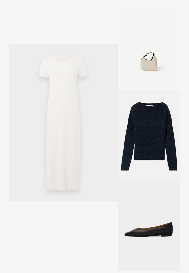 Mørkeblå strikket langærmet sweater med rund hals i en let tekstureret stof og afslappet pasform, lagt fladt på en hvid baggrund.; Beige, kortærmet kjole i knælængde lavet af blødt bomuldsstof. Har rund halsudskæring og en enkel, lige silhuet.; Sort læder flad sko med spids tå, lav hæl og glat finish, vist fra siden på en lysegrå baggrund.; Beige læder håndtaske i halvmåneform med en enkelt skulderrem og minimal syning, sat mod en ensartet hvid baggrund.