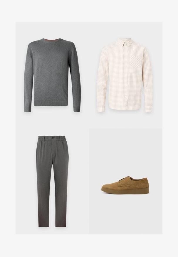 TOM TAILOR BASIC CREWNECK - Strickpullover - classic dark grey melange; Herrenhemd mit langen Ärmeln und Knöpfen, beige-weiß kariert, mit spitzem Kragen und Brusttasche.; Graue Hose mit maßgeschneidertem Design, ausgestattet mit einem elastischen Bund, Knopfverschluss und geraden Beinen; gefertigt aus weichem, strukturiertem Stoff.; Brauner Wildleder-Schnürschuh für den Alltag mit flacher Gummisohle, von der Seite auf hellem, einfachem Hintergrund gesehen.