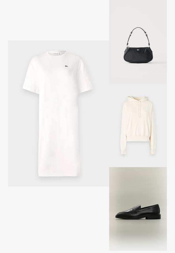 Sudadera cremosa con bolsillo canguro en la parte frontal, capucha con cordón, puños acanalados y un pequeño parche con el logo en el pecho. Textura de tela suave.; Vestido blanco de camiseta hecho de algodón, con cuello redondo, mangas cortas y un pequeño logo verde en el pecho. Silueta simple y recta.; Mocasín penny de cuero negro con tacón bajo, puntera redondeada y detalles cosidos sobre un fondo neutro.; Bolso de hombro negro con correa ajustable, cierre de cremallera y pequeño logo plateado de cocodrilo en el centro delantero.