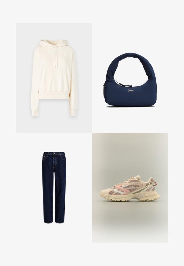 Creme hoodie med en front kanguru lomme, snoretræk i hætten, ribbede manchetter og et lille logo patch på brystet. Blødt stof tekstur.; Mørkeblå denim jeans med lige ben-design, der har høj talje, fem-lomme-stil og kontrastsyninger. Ingen dekorationer.; Løbesko med pink, beige og cremet mesh samt syntetiske overlays, kraftig sål og tekstureret ydersål for greb, set fra siden.; Mørkeblå polstret skuldertaske med buet håndtag og en lynlåslomme foran, med hvidt "tommy jeans" logo på midten foran.