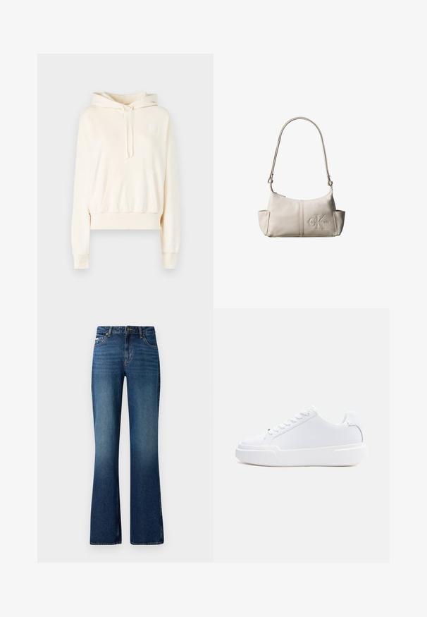 Creme hoodie med en front kanguru lomme, snoretræk i hætten, ribbede manchetter og et lille logo patch på brystet. Blødt stof tekstur.; Flare jeans i en medium blå vask, med et klassisk fem-lomme design, knaplukning og en let slidt tekstur.; Hvid lavtop-sneaker med snørelukning, tyk sål og glat overdel, vist fra ydersiden mod en ensartet lys baggrund.; Lille beige læder skuldertaske med justerbar rem og præget Calvin Klein-logo foran i midten.